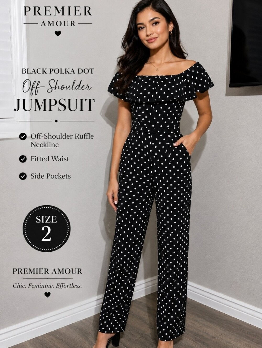 Premier Amour Black Polka Dot Off-Shoulder Jumpsuit Size 2